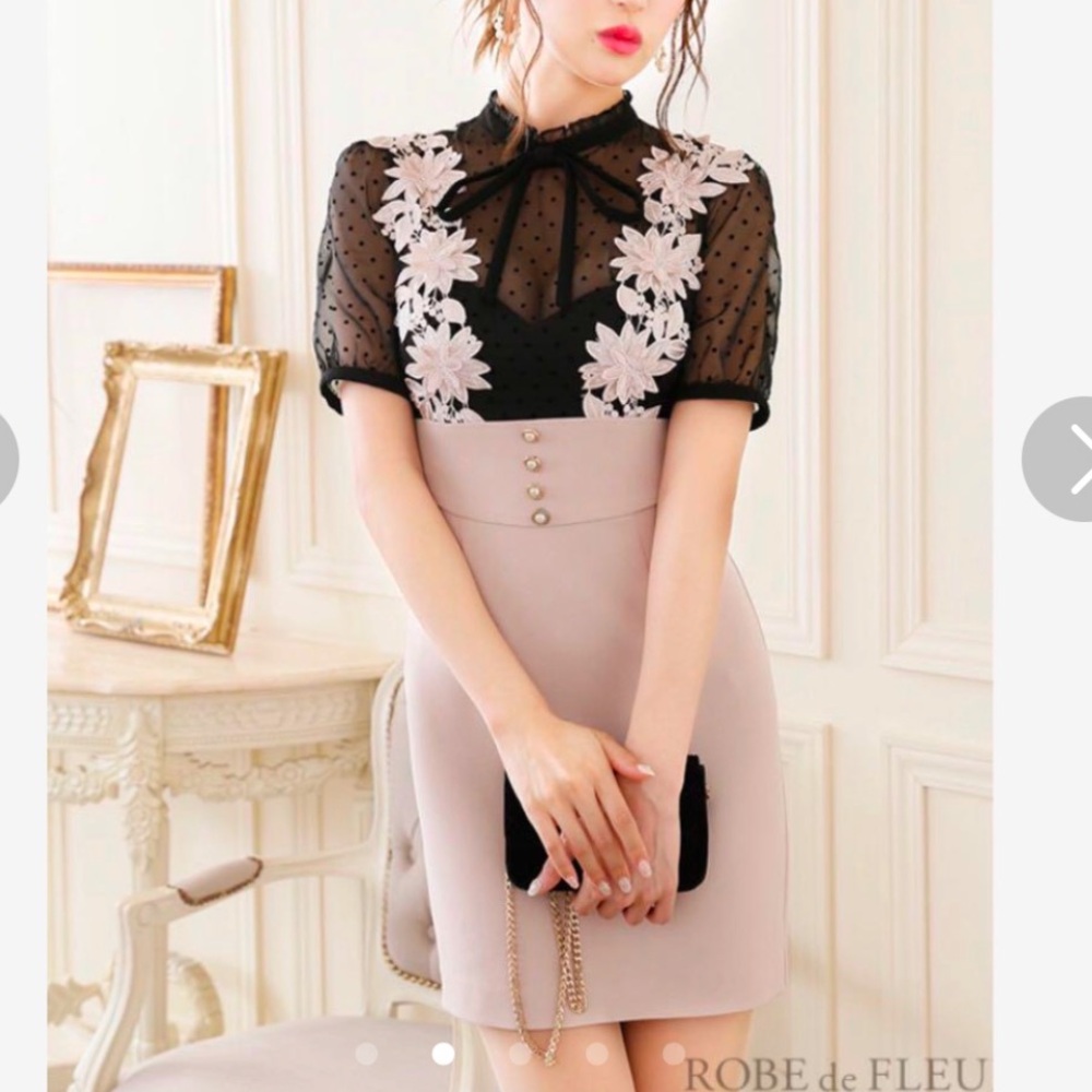 Japanese Kawaii Gyaru Black Pinkl Flower Lace Polka Dot Ruffle Mini Dress